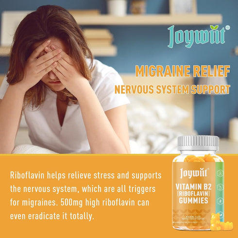 Vitamin B2 Gummies 500mg for Adults, Orange Flavor, Non-GMO, Vegan, Pectin - Migraine Relief & Nervous System Support -