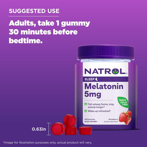 Natrol 5mg Melatonin Gummies, Sleep Support for Adults, 60 Strawberry-Flavored Gummies, 30 Day Supply