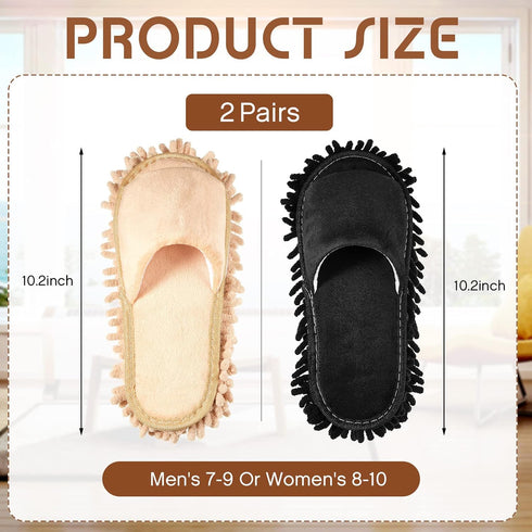 2 Pairs Microfiber Cleaning Mop Slippers for Floor Cleaning House Mop Shoes Men and Women Washable Unisex Dusting Slippers Dirt Cleaning Tool Supplies (Black, Beige, Medium)