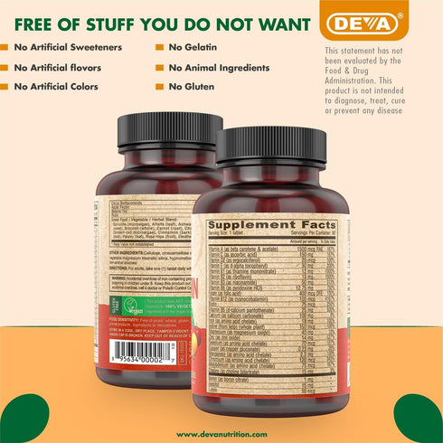 DEVA Vegan Multivitamin and Mineral Supplement - Once-Per-Day Formula with Greens, 90 Coated Tablets