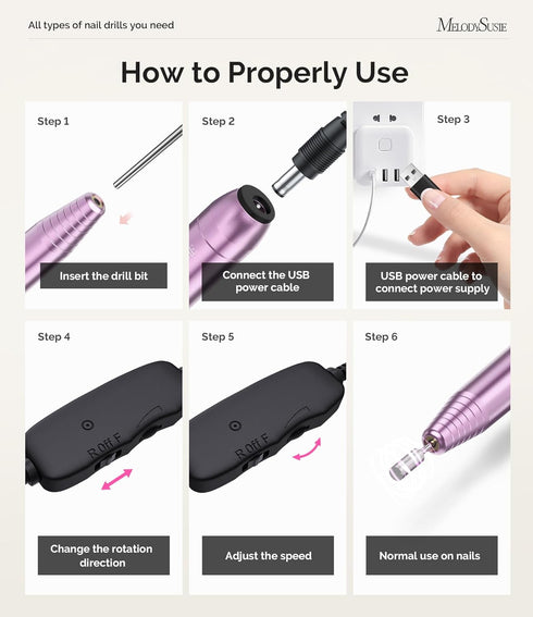 MelodySusie Electric USB Nail Drill Machine, PC120I Portable Efile Set for Acrylic Gel Nails, Purple