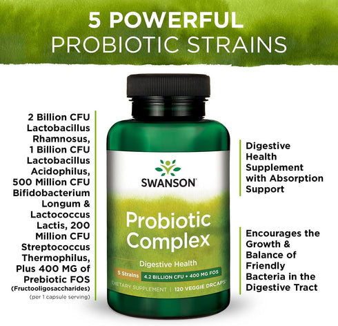 Swanson Probiotic Complex - 4.2 Billion CFU, 5-Strain Digestive Health Supplement with Prebiotic FOS - 120 Veggie DRcaps