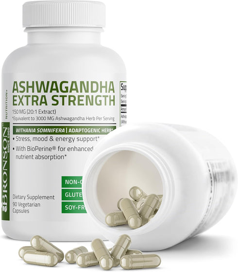 Bronson Extra Strength Ashwagandha Stress & Mood Support with BioPerine - Non GMO, 90 Vegetarian Capsules