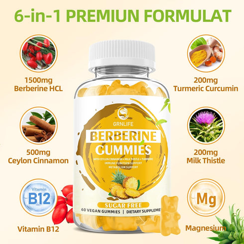 Berberine Gummies with Ceylon Cinnamon 1500mg High Potency Supplement for Immune and Metabolism Support