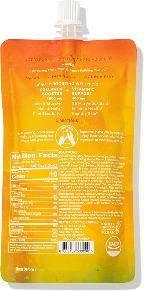 EVERYDAZE Essential C’s Collagen + Vitamin C Konjac Jelly, 10 Packs - Vegan, 10 Calories, 0 Sugar, Mango Flavor,