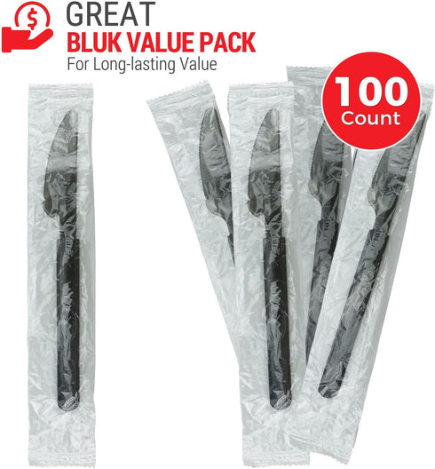 3X Heavy Duty Plastic Knives Individually Wrapped, Sturdy Like Silverware, 100 Pack Black Disposable Plastic Knives Bulk, Packaged To-Go Utensil Set, Perfect for Restaurant, Take Out and Catering.