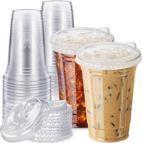 Qinsihwn 20 oz Clear Plastic Cups with Strawless Sip Lids,25 Sets Disposable Iced