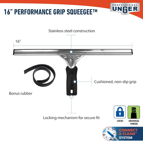 16" Performance Window & Glass Cleaning Squeegee with Replacement Rubber, Heavy Duty Streak-Free Cleaning Supplies