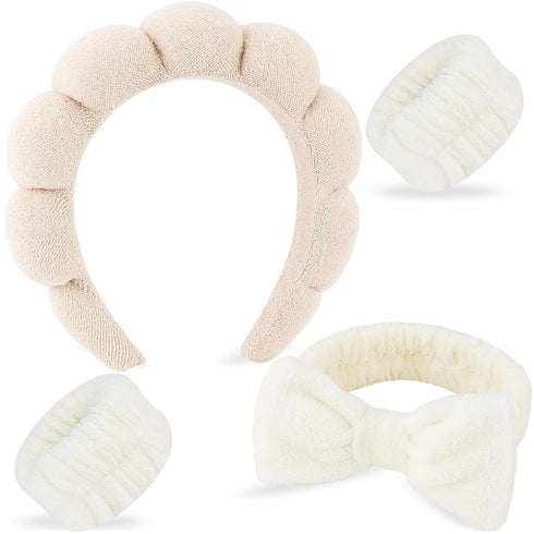 4Pcs Spa Headband Set for Women, Soft Terry Cloth Makeup Skincare Bubble Headband, Non Slip Hair Accessory Beige