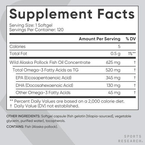 Sports Research Fish Oil Mini-Softgels - Easy to Swallow Omega-3 from Wild Caught Alaska Pollock, 120 Capsules