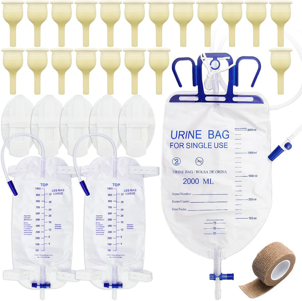 Condom Catheters for Men Overnight,20pcs Latex Sets,1pcs 2000ml Catheter Bags,2pcs 1000ml Leg