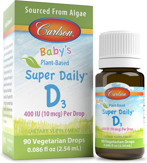 Carlson Baby's Plant-Based Super Daily D3, Vegetarian Liquid Vitamin D Drops, 400 IU per Drop, 90 Drops