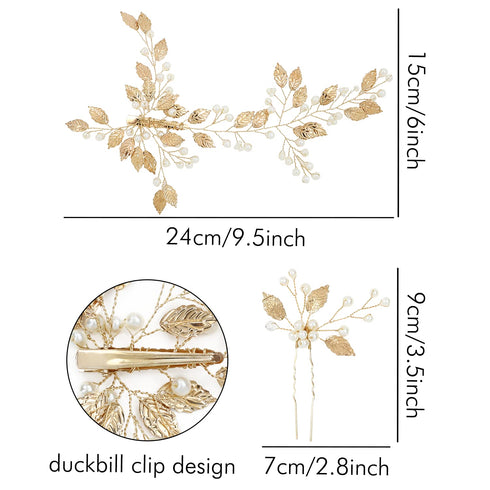 inSowni 5 Pack Gold Pearls Leaf Hair Pins Wedding Bridal Alligator Leaves Hair Clips Barrettes Decorative Bobby Pins Bride Bridesmaids Prom Formal Headpieces Bun Updo Hair Accessories for Women Girls