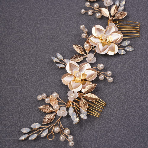 Wedding Gold Rhinestones Hair Comb, Dainty Flower Leaf Crystal Pearls Hair Comb Bridal Headband Hair Accessories for