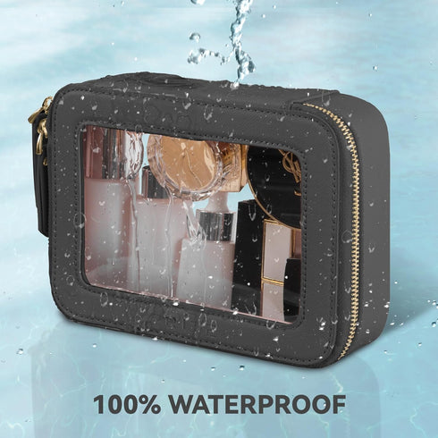 Waterproof Clear Makeup Bag Cosmetic Organizer Case with Golden Zipper for Travel Toiletries (Black)