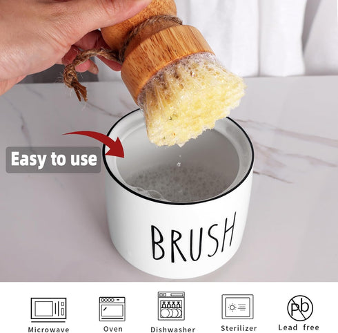 ONTUBE Ceramic Dish Brush Holder, Farmhouse Scrub Brush Holder Dishwashing Brush Stand, Soap Dispensing Kitchen Brushes