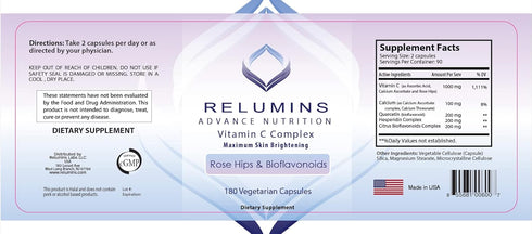 Relumins Advance Vitamin C MAX Skin Brightening Complex with Rose Hips & Bioflavonoids, 180 Capsules