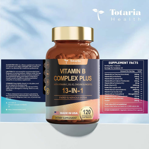 13-in-1 Vitamin B Complex Plus with B1, B2, B3, B4, B5, B6, B7, B8, B9, B12, C, D3, K2 - Energy, Nerve, Immune, Skin