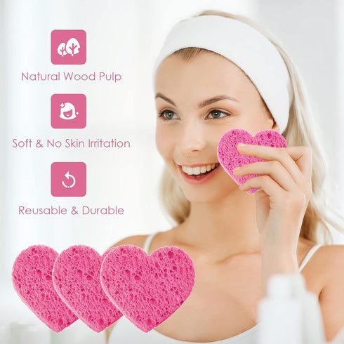 Nuenen 60 Pieces Facial Sponges with Container - Heart Shape Compressed Face Sponges for Washing Face Cleaning
