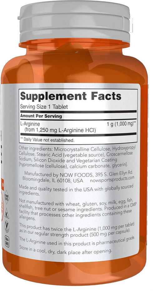 NOW Foods Sports Nutrition L-Arginine Double Strength 1000mg, Nitric Oxide Precursor, 60 Tablets