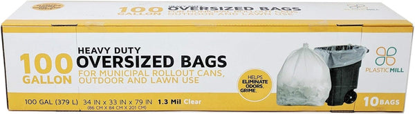 100 Gallon Garbage Bags (Clear, 1.3 Mil, 10 Bags) - 67x79 Size for Heavy Duty Use