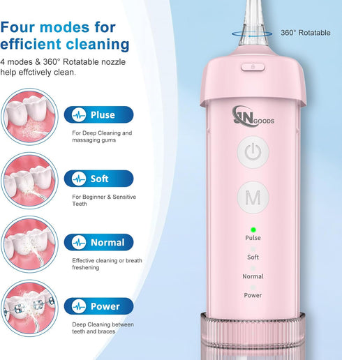 Mini Portable Water Flosser, Telescopic Tank, 4 Modes, IPX7 Waterproof, Teeth Cleaner for Home & Travel (Pink)