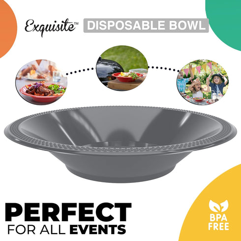 Exquisite Plastic Dessert/Salad Bowls - Solid Color Disposable Bowls - 100 Count (Bowls - 12 oz, Silver) by Exquisite