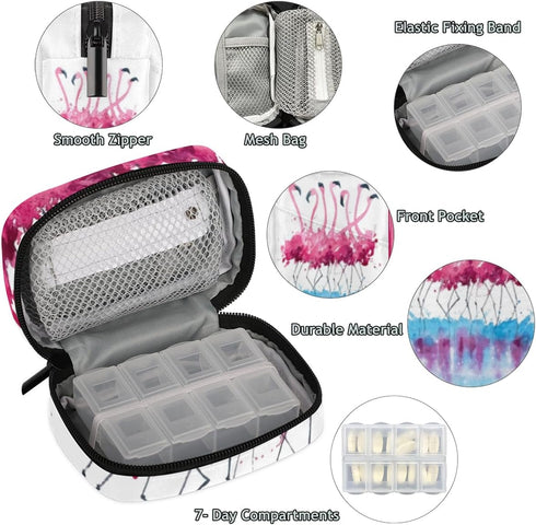 QsirBC 7 Watercolor Flamingo Daily Pill Organizer Travel Medicine Container Holder Bag Weekly Pills Case Box Day
