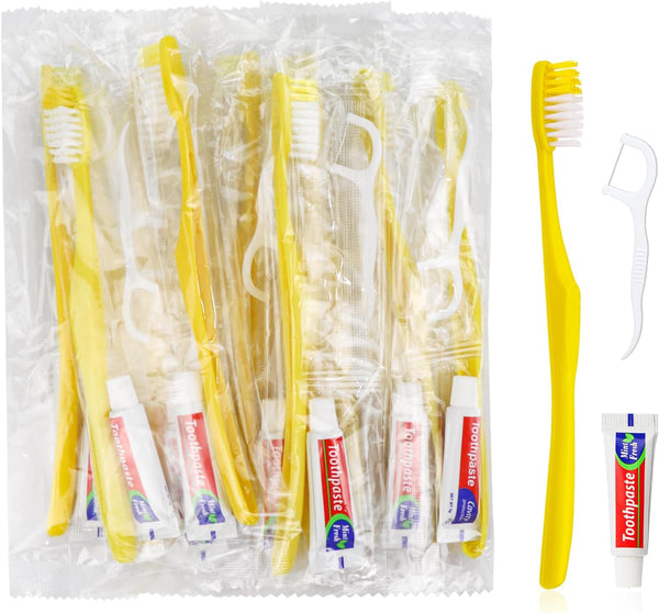 30pcs Disposable Toothbrushes with Toothpaste and Floss, Yellow Bulk Kit for Homeless, Airbnb, Hotel, and Guest Use