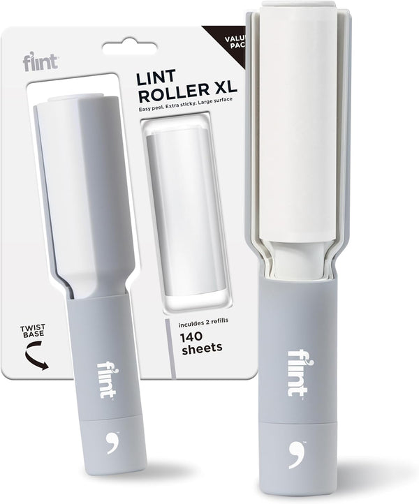 Flint Plus XL Retractable Lint Remover & Pet Hair Roller for Clothes, Refillable & Reusable Lint Roller with 140 Extra