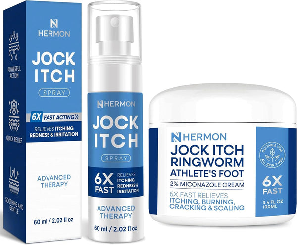 Hermon Jock Itch Antifungal Cream & Spray Set: Ringworm Treatment for Humans,