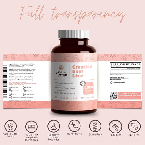 Mother Nutrient 100% Grass Fed Beef Liver Capsules, Sourced from Pasture-Raised Beef, 45-Day Supply - 180 Capsules