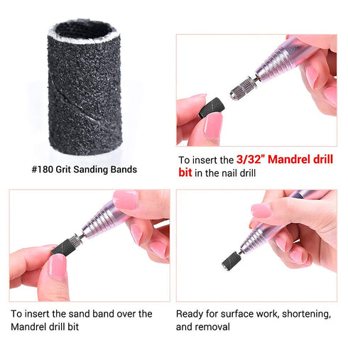 MelodySusie 300 Pcs Professional Sanding Bands with Mandrel, 80 Coarse, 120 Medium, 180 Fine Grit Nail Drill Bits