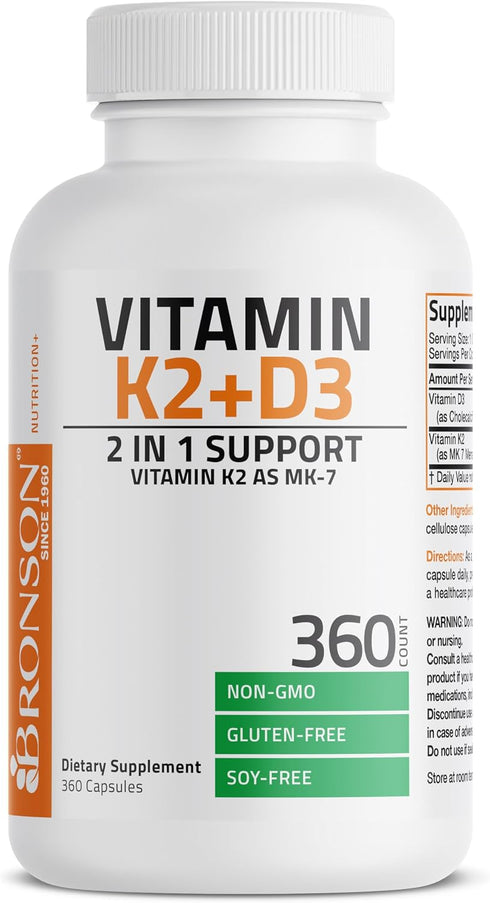 K2 (MK7) D3 5000 D3 90 K2 MK-7 360 Bronson Vitamin with Supplement Non-GMO Formula IU Vitamin & mcg Easy to Swallow D