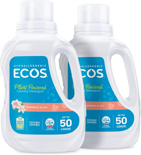 ECOS Laundry Detergent Liquid, 100 Loads - Hypoallergenic, Plant-Powered, Magnolia Lily, 50 Fl Oz (Pack of 2)