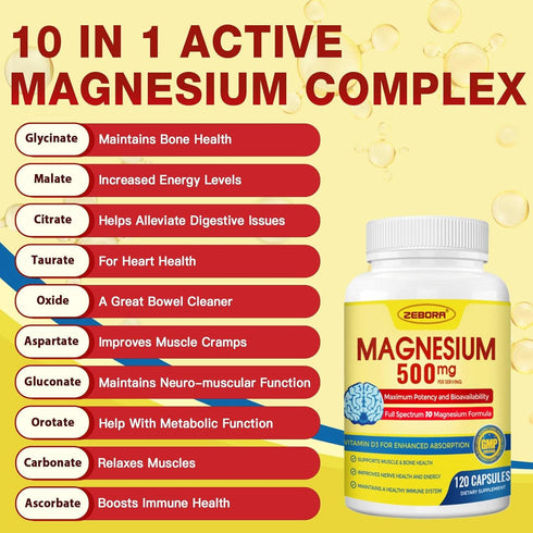 Magnesium Complex Supplement 500mg, 10 in 1 Magnesium Supplement - Magnesium Glycinate, Citrate, Malate, Plus More, with Vitamin D3 & Zinc for Nerve, Muscle & Bone Support, Vegan 120 Capsules