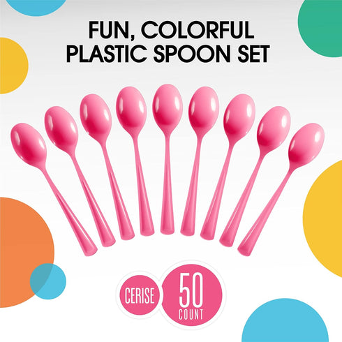 Heavy Duty Disposable Cerise Plastic Spoons, 50 Pcs - Cerise Disposable Cutlery