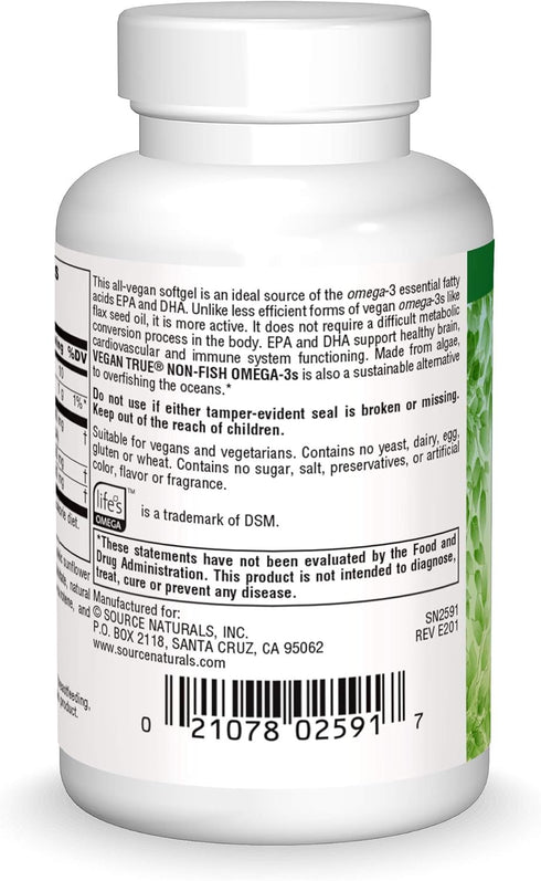 Source Naturals Vegan True Omega-3s, 300 mg EPA-DHA for Heart and Brain Health*, 30 Vegan Softgels