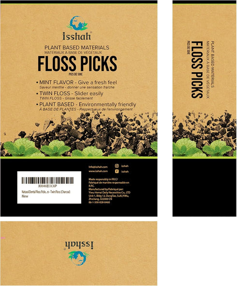 Natural Dental Floss Picks (300 Count), Plant Based, PETA Approved Vegan, Eco Friendly, Sustainable Flossers - Charcoal