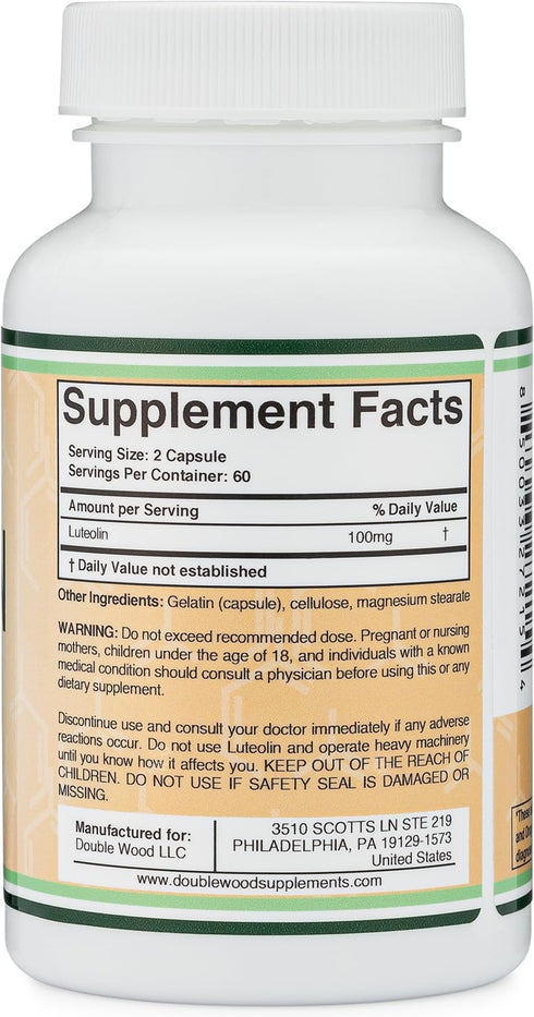 Double Wood Supplements Luteolin Supplement 100mg Servings of Bioactive Flavanoids (120 Capsules, Vegan Safe, Gluten Free) Potent Polyphenols Flavonoid for Brain and Cardiovascular Support