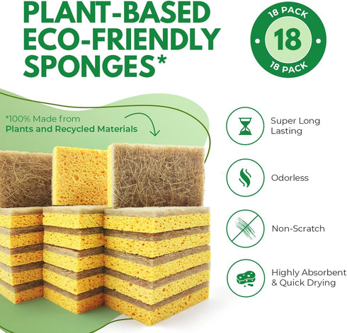 Pack 18 AIRNEX Natural Kitchen Sponges of - Biodegradable Cellulose and Coconut Husk Walnut Scrubbers - Odor Free Non