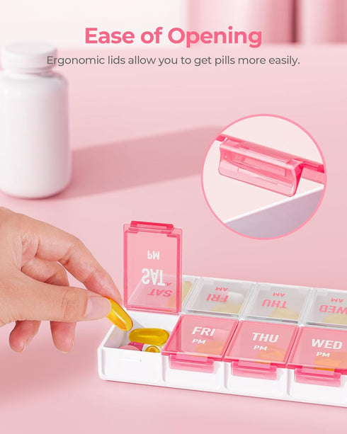 Stylish Weekly Pill Organizer 7 Day AM PM, Large Compartments, Easy to Use, BPA-Free Pill Case for Vitamins, Supplements