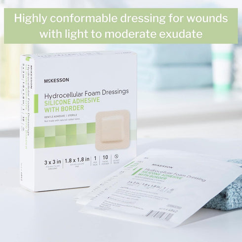 McKesson Hydrocellular Foam Dressings, Sterile Silicone Adhesive with Border, 10 Count, 3 in x 3 in