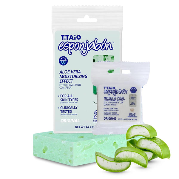 T.Taio Esponjabon Aloe Vera Soap Sponge – Gentle Shower Scrubber with Mini Mother of Pearl