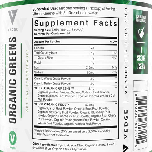 Vedge Nutrition Organic Greens, Vegan Superfood Powder for Energy, Antioxidants & Recovery - Mixed Berry Flavor, 30