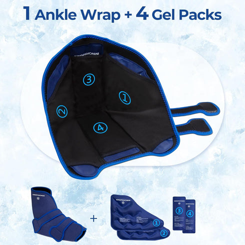 Pack Packs (1 Wrap+4 Packs) KingPavonini Ankle Foot Ice Wrap for Sprained Ankle/Surgery Recovery, Reusable Gel Ice