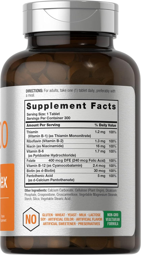 Horbaeach Vitamin B-100 Complex | 100% of Daily Value | 300 Tablets | Vegetarian, Non-GMO, and Gluten Free Supplement