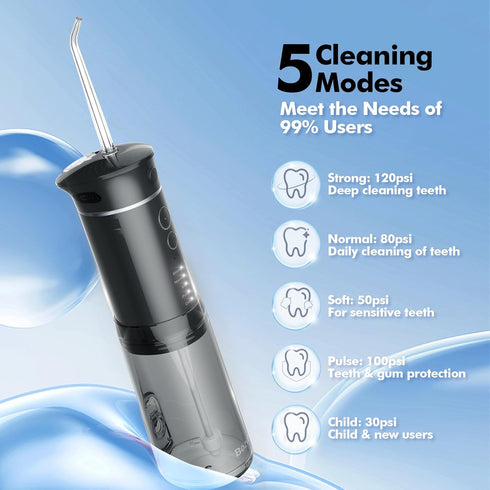 Mini Cordless Water Flosser: 5 Modes Dental Floss with Telescopic Tank, 6 Tips, IPX7 Waterproof (Black)