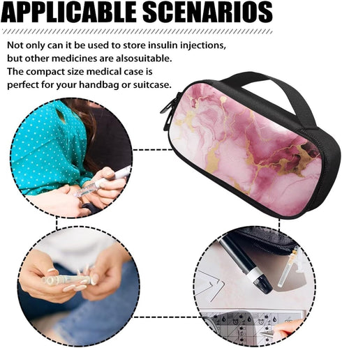 Marble Insulin Travel Case - Insulated Diabetic Medication Organizer Carrying Bag with Extra Pouch for Diabetic