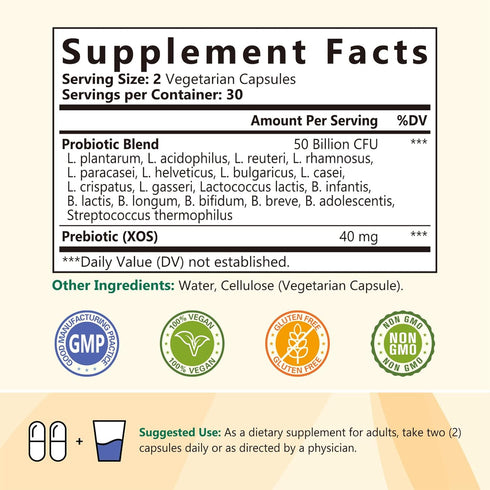 Probiotics 50 Billion per Serving - 18 Probiotic Strains, 60 Veggie Capsules, Non-GMO & Gluten Free